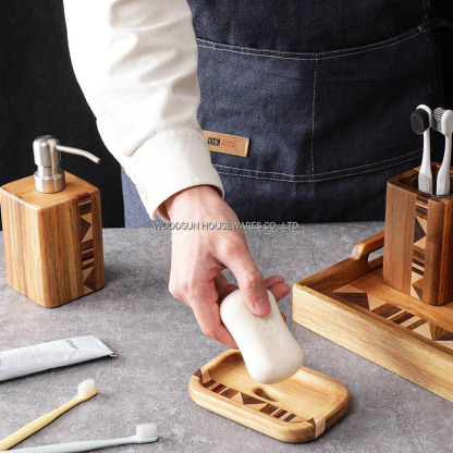 Woodsun Wooden Bathroom Accessory Set with Soap Dispenser Cotton Jar Ball Box Toothbrush Holder Rack Soap Dish Set
