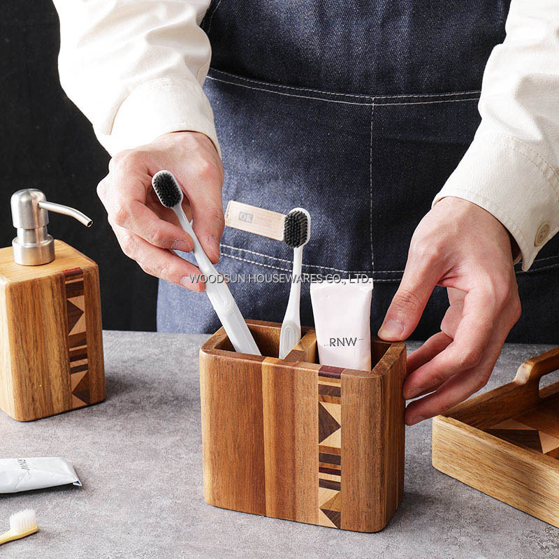 Woodsun Wooden Bathroom Accessory Set with Soap Dispenser Cotton Jar Ball Box Toothbrush Holder Rack Soap Dish Set