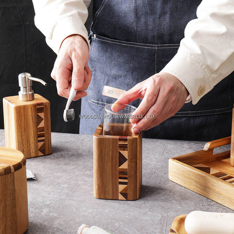 Woodsun Wooden Bathroom Accessory Set with Soap Dispenser Cotton Jar Ball Box Toothbrush Holder Rack Soap Dish Set