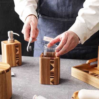 Woodsun Wooden Bathroom Accessory Set with Soap Dispenser Cotton Jar Ball Box Toothbrush Holder Rack Soap Dish Set