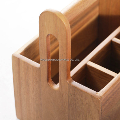 Woodsun Multiple-use Compartments Utensil Caddy Wood Bamboo Buffet Flatware Caddy with Swing Handle