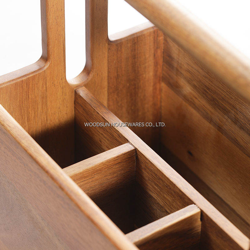 Woodsun Multiple-use Compartments Utensil Caddy Wood Bamboo Buffet Flatware Caddy with Swing Handle