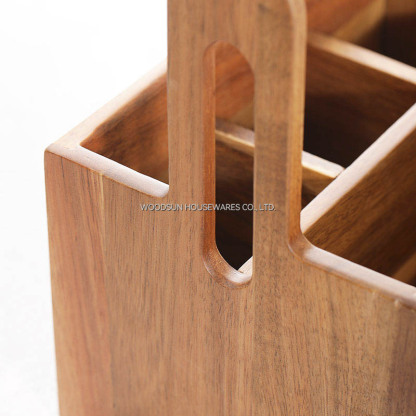 Woodsun Multiple-use Compartments Utensil Caddy Wood Bamboo Buffet Flatware Caddy with Swing Handle