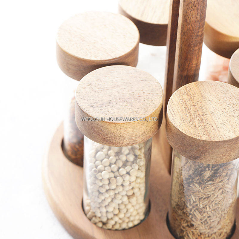Woodsun Custom OEM Kitchenware Spice Salt Shaker Glass Rack 7pcs Spice Set Factory