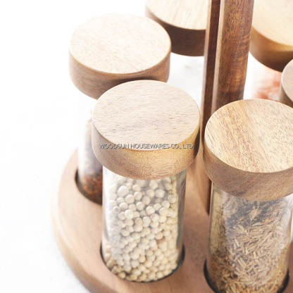 Woodsun Custom OEM Kitchenware Spice Salt Shaker Glass Rack 7pcs Spice Set Factory