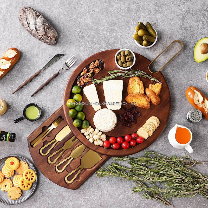 Woodsun Factory Round Cheese Board Charcuterie Board With Knife Set