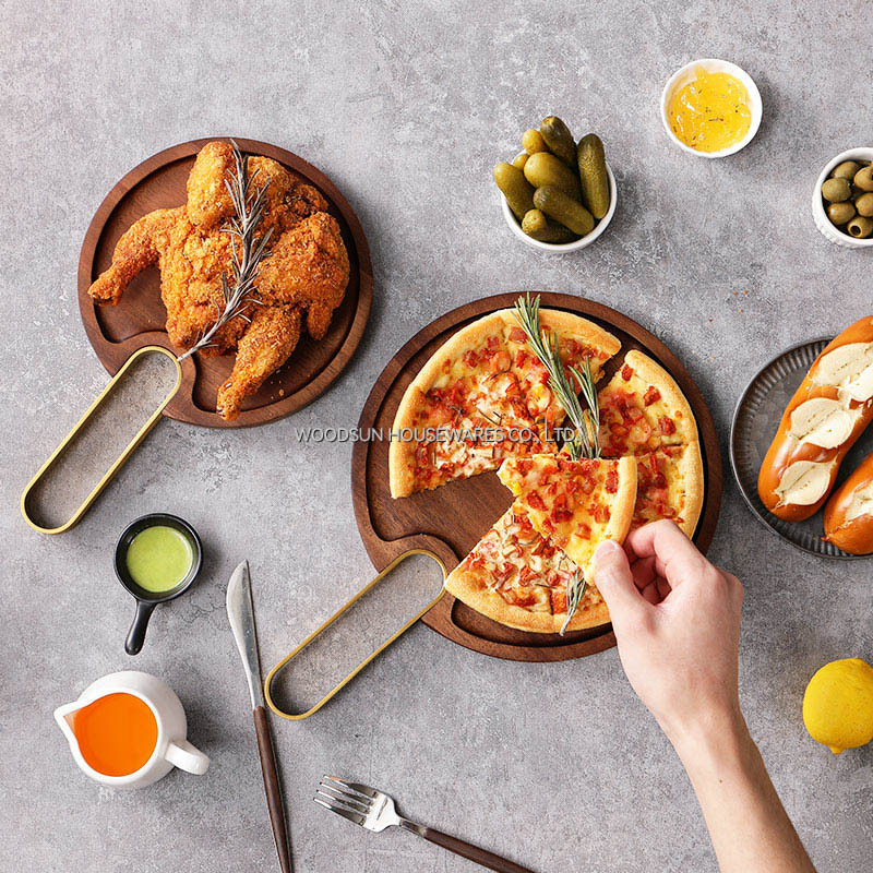 Woodsun Manufacturer Acacia Wood Plates Serving Plate With Metal Handle