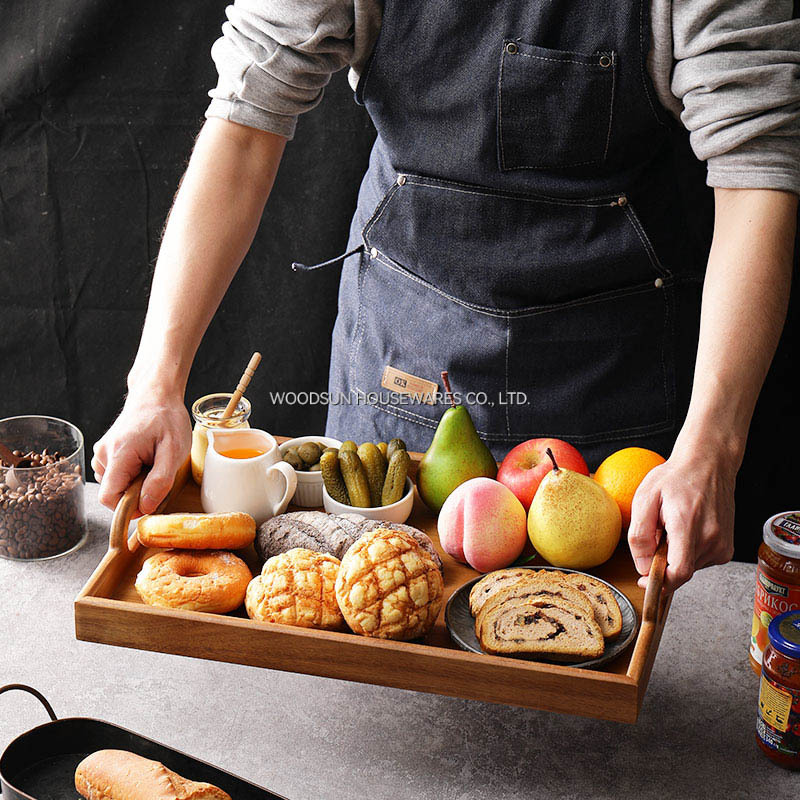 Woodsun Acacia Wood Non-Slip Platters Serving Dish Tray With Handles Fot Hotel Restaurant