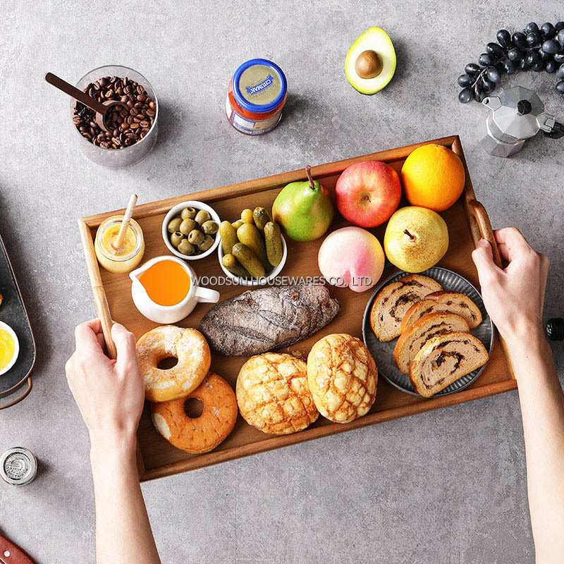 Woodsun Acacia Wood Non-Slip Platters Serving Dish Tray With Handles Fot Hotel Restaurant