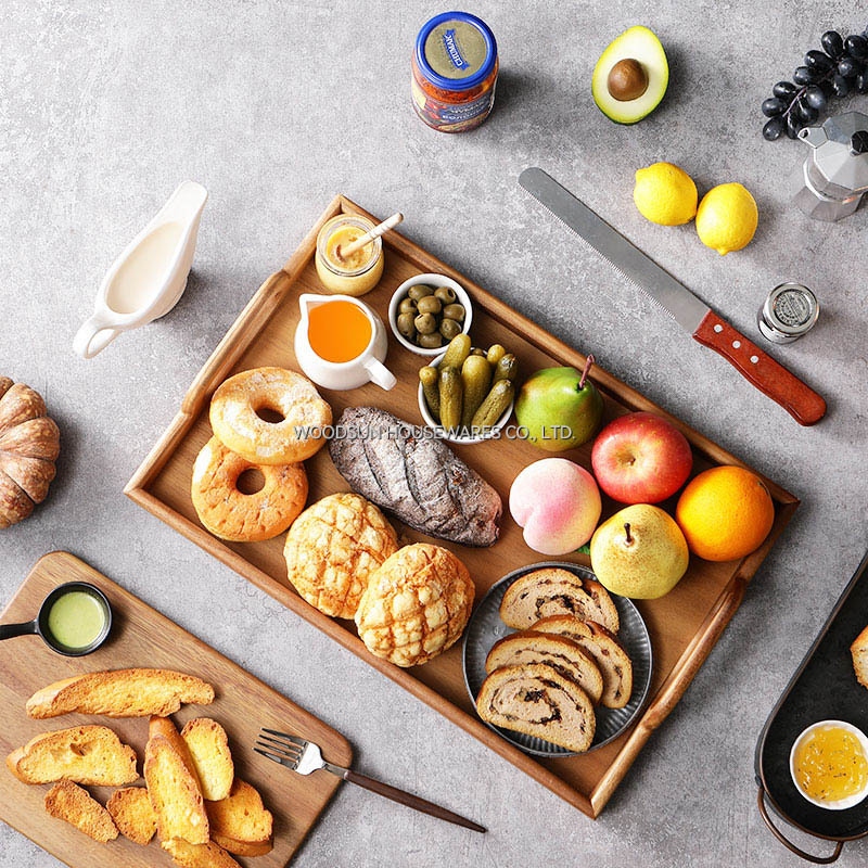 Woodsun Acacia Wood Non-Slip Platters Serving Dish Tray With Handles Fot Hotel Restaurant