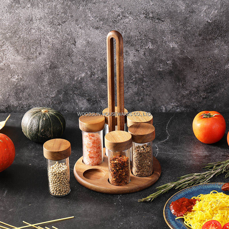 Woodsun Custom OEM Kitchenware Spice Salt Shaker Glass Rack 7pcs Spice Set Factory