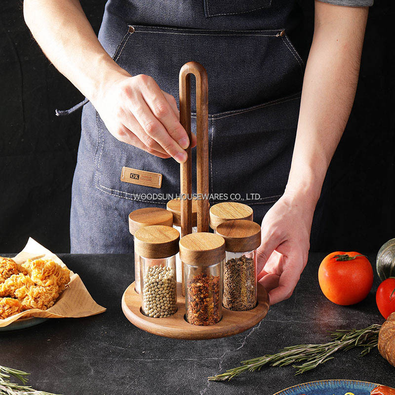 Woodsun Custom OEM Kitchenware Spice Salt Shaker Glass Rack 7pcs Spice Set Factory