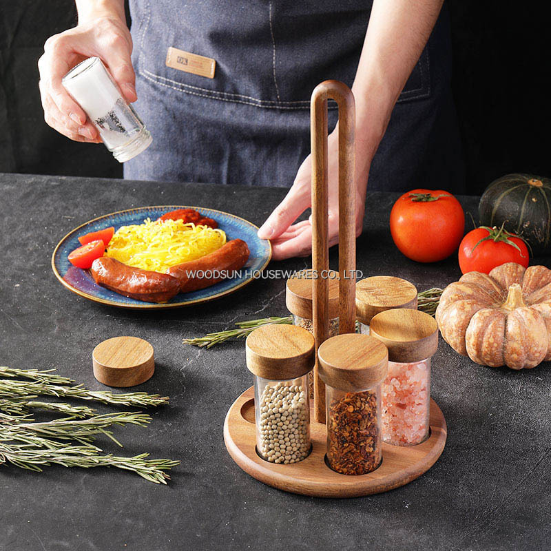 Woodsun Custom OEM Kitchenware Spice Salt Shaker Glass Rack 7pcs Spice Set Factory