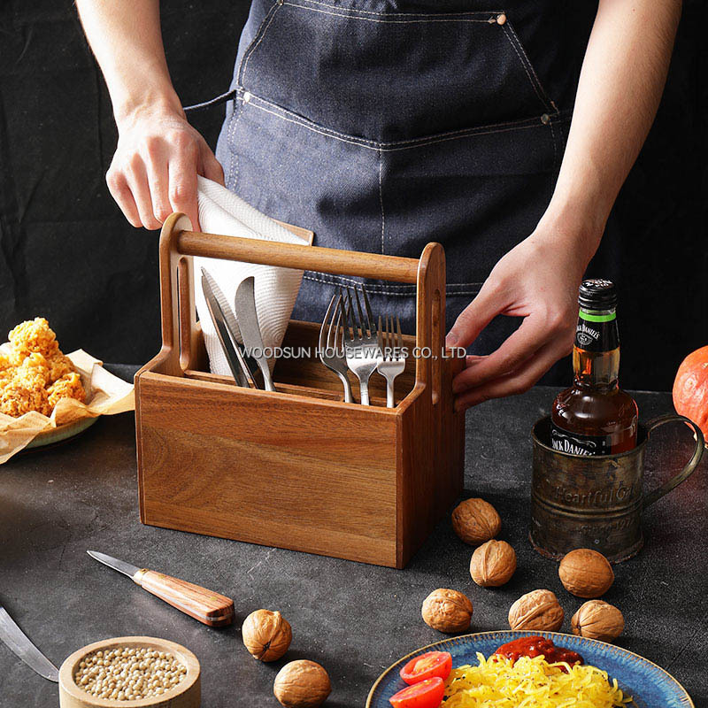 Woodsun Multiple-use Compartments Utensil Caddy Wood Bamboo Buffet Flatware Caddy with Swing Handle