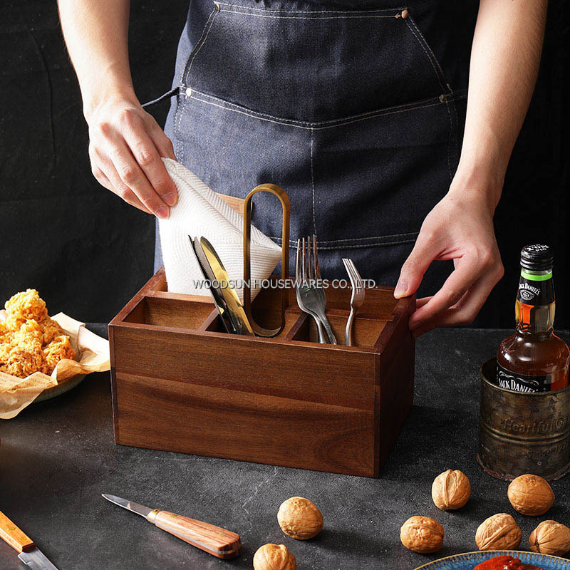 Woodsun Kitchen Table Dinnerware Basket Acacia Wood Cutlery Utensils Caddy Organizer Box Wooden Cutlery Holder for Small Utensil