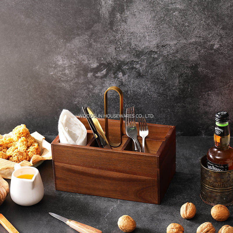 Woodsun Kitchen Table Dinnerware Basket Acacia Wood Cutlery Utensils Caddy Organizer Box Wooden Cutlery Holder for Small Utensil