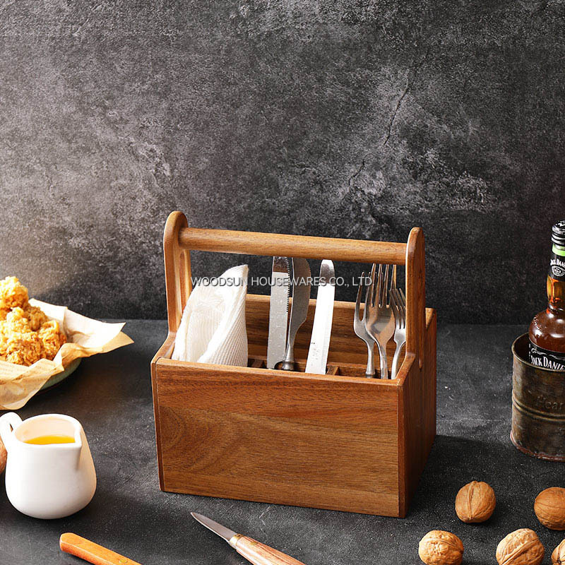 Woodsun Multiple-use Compartments Utensil Caddy Wood Bamboo Buffet Flatware Caddy with Swing Handle