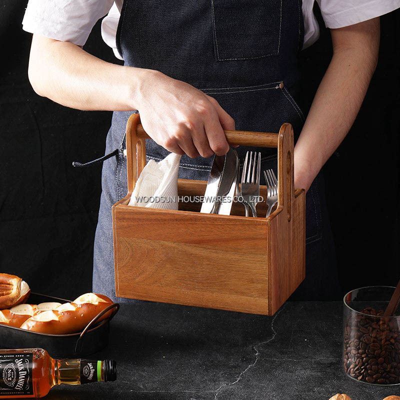 Woodsun Multiple-use Compartments Utensil Caddy Wood Bamboo Buffet Flatware Caddy with Swing Handle