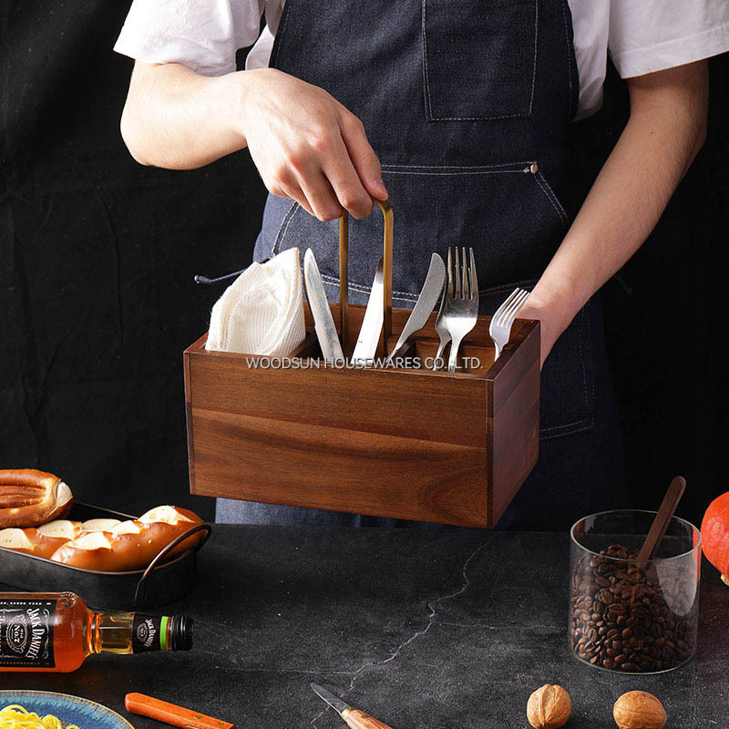 Woodsun Kitchen Table Dinnerware Basket Acacia Wood Cutlery Utensils Caddy Organizer Box Wooden Cutlery Holder for Small Utensil