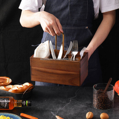 Woodsun Kitchen Table Dinnerware Basket Acacia Wood Cutlery Utensils Caddy Organizer Box Wooden Cutlery Holder for Small Utensil