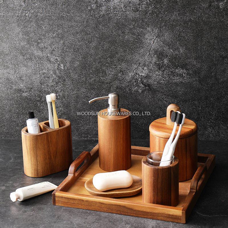 Woodsun Wooden Cotton Jar Toothbrush Rack Bathroom Accessory Set With Soap Box Lotion Dispenser Kit Bathroom Set