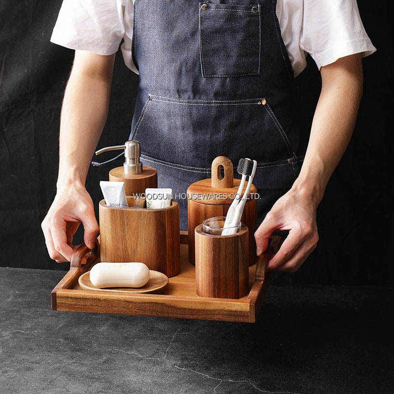 Woodsun Wooden Cotton Jar Toothbrush Rack Bathroom Accessory Set With Soap Box Lotion Dispenser Kit Bathroom Set