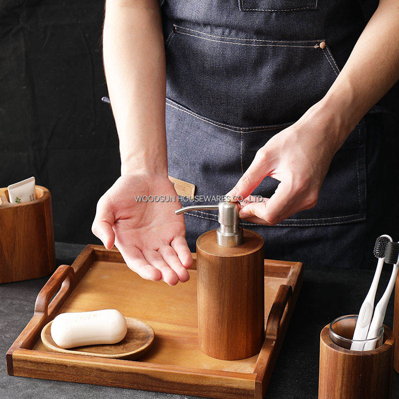 Woodsun Wooden Cotton Jar Toothbrush Rack Bathroom Accessory Set With Soap Box Lotion Dispenser Kit Bathroom Set