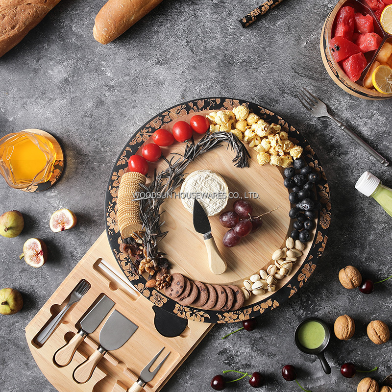 Woodsun Laser Engraving Round Rubber Wood Bulk Custom Cheese Boards With Cutter