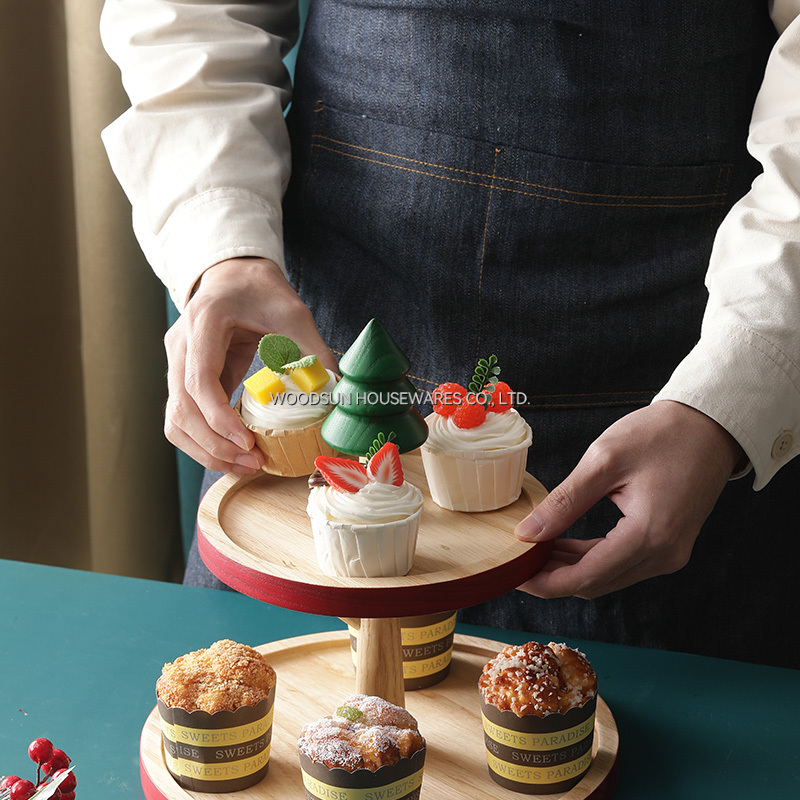 Woodsun 2026 Christmas Ash Rubber Wood 2 Tiers Wood Cake Stand Snack Tray Serving Plate