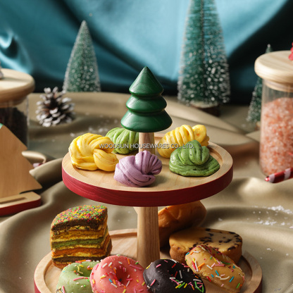 Woodsun 2026 Christmas Ash Rubber Wood 2 Tiers Wood Cake Stand Snack Tray Serving Plate