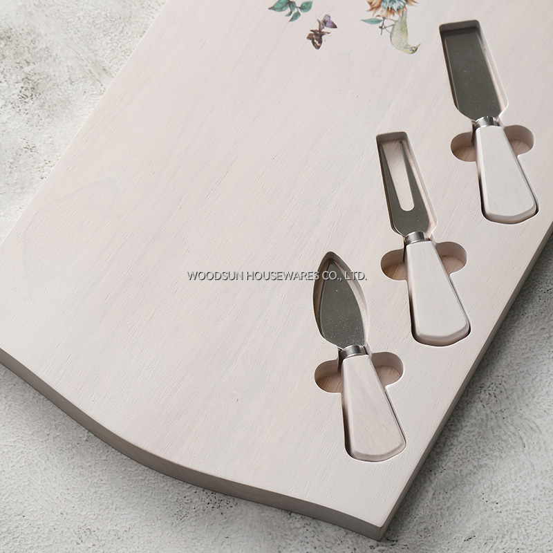 Woodsun White Wash Rubber Wood SS420J2 Wooden Customized Cheese Board