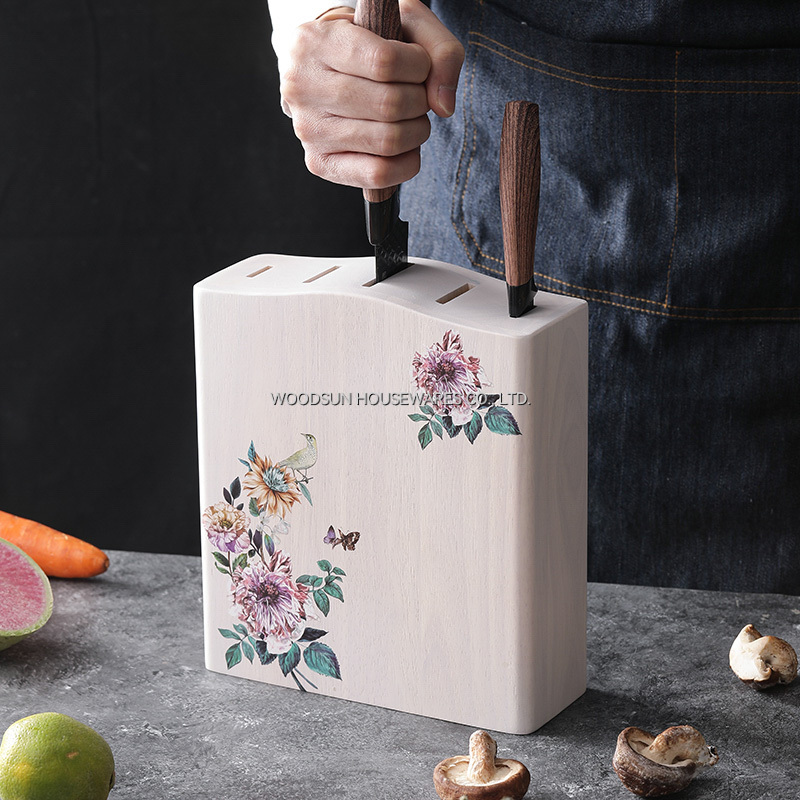 Woodsun Rubber White Wash Custom Printing Kitchen Knife Holder Block