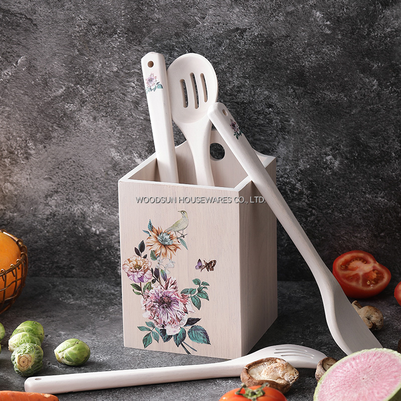 Woodsun Rubber Wooden Cutlery Set Spatula Spoon Cutlery Holder