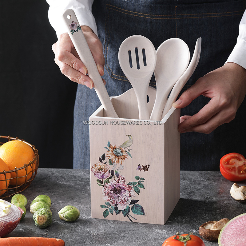 Woodsun Rubber Wooden Cutlery Set Spatula Spoon Cutlery Holder