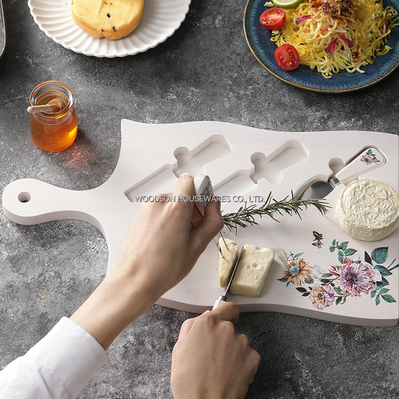 Woodsun White Wash Rubber Wood SS420J2 Wooden Customized Cheese Board