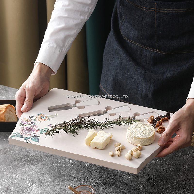 Woodsun White Wash Rubber Wood SS420J2 Wooden Customized Cheese Board