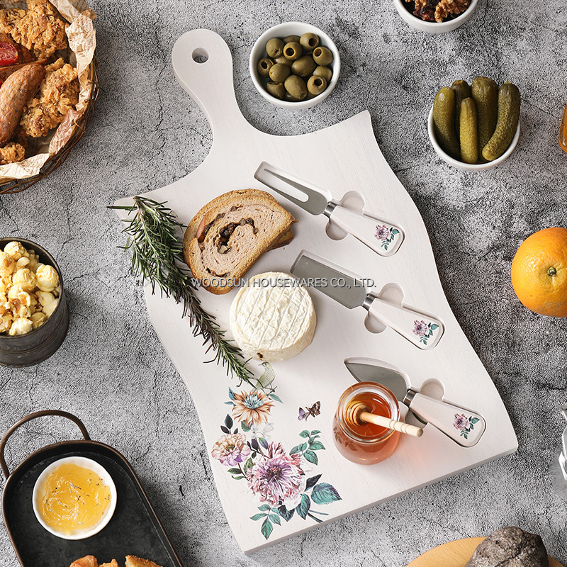 Woodsun White Wash Rubber Wood SS420J2 Wooden Customized Cheese Board