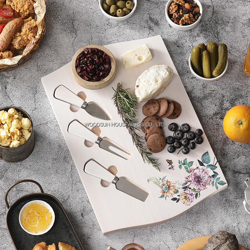 Woodsun White Wash Rubber Wood SS420J2 Wooden Customized Cheese Board