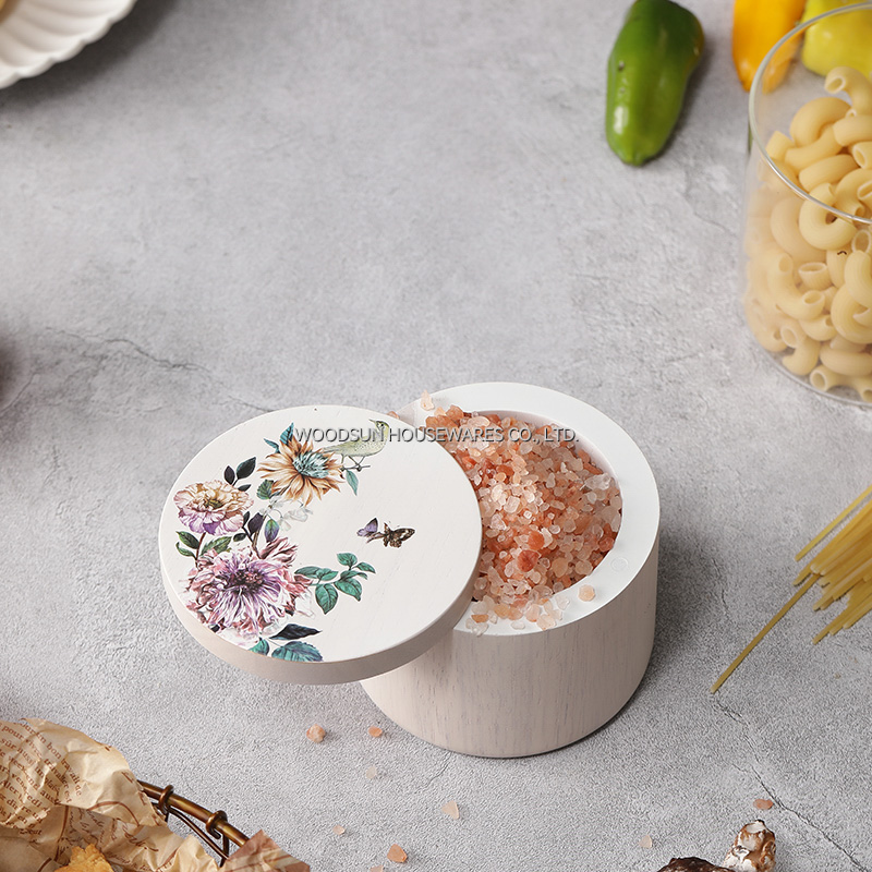 Woodsun Custom Printing Flower Bird Wooden Spice Salt Box