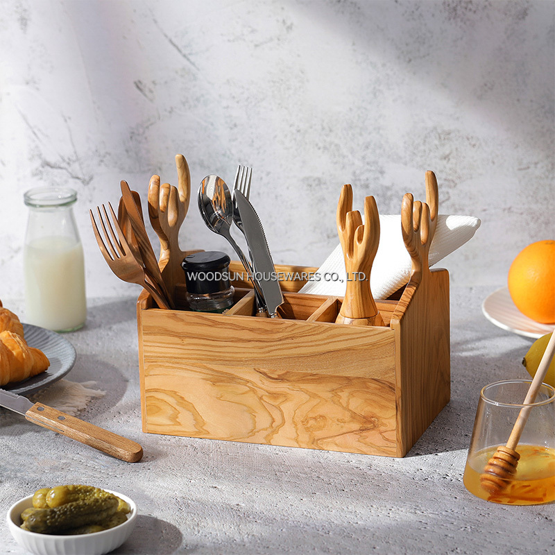 Woodsun Custom Manufacturer Rectangle Olive Wood Kitchen Storage Caddy Boxes Basket