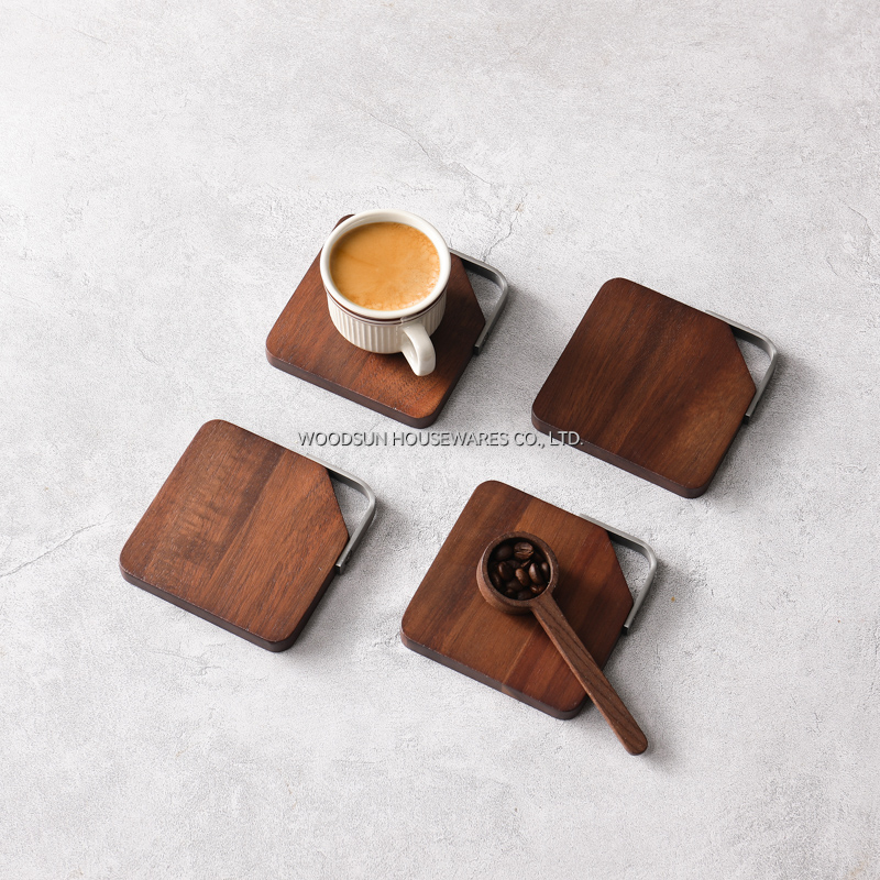 Woodsun Metal Triangle Ring Wood Coffee Coaster Cup Mat