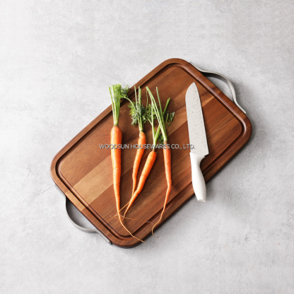 Woodsun Metal Handles Acacia Wood Butcher Block Chopping Cutting Board Wooden Cutting Board for Food Wooden Serving Tray