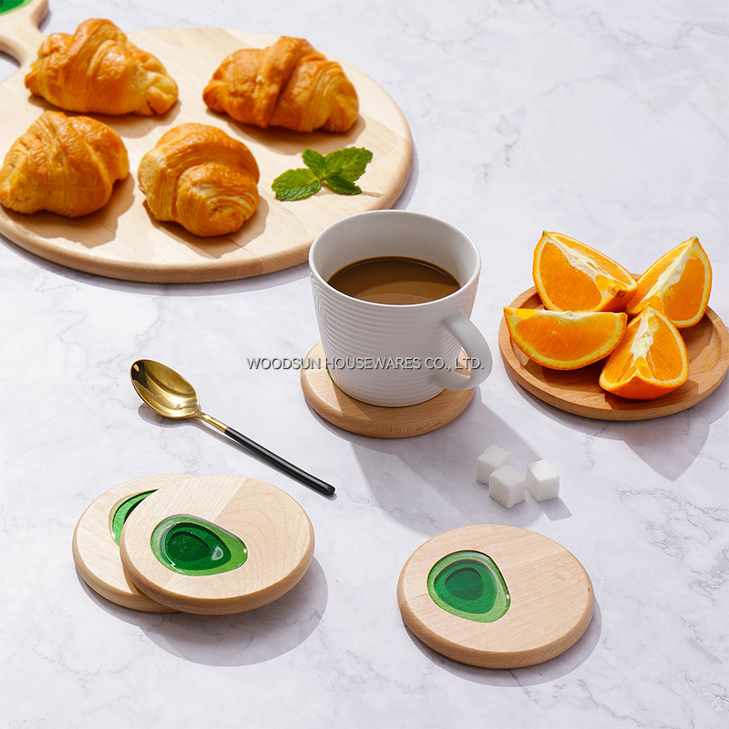 Woodsun Custom Factory White Birch Resin Round Coasters Set For Cup