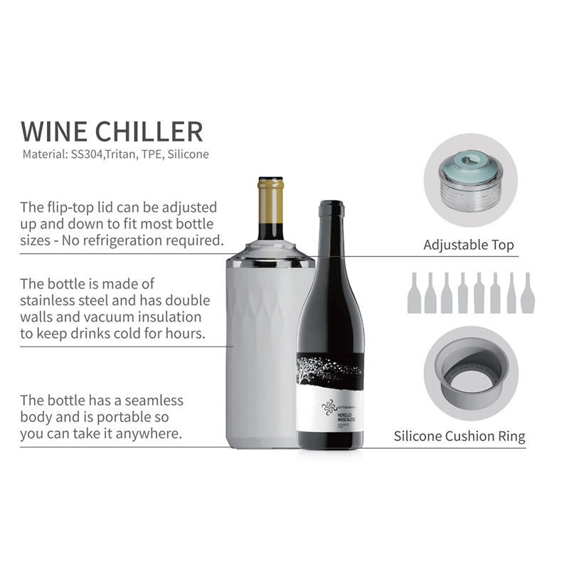 Custom Portable Keep Cool Ice Metal Champagne Wine Chiller Insulated Double Wall Stainless Steel Wine Chiller