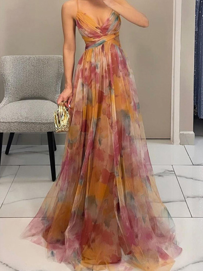 Stylish V-Neck Print Halter Dress