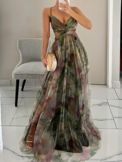Stylish V-Neck Print Halter Dress