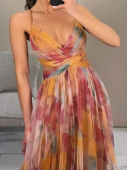 Stylish V-Neck Print Halter Dress
