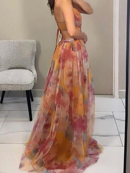 Stylish V-Neck Print Halter Dress