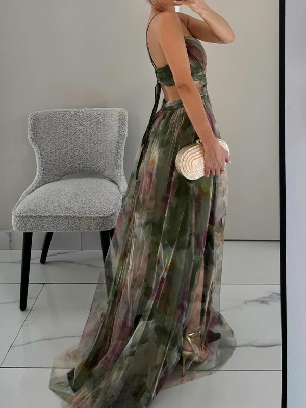 Stylish V-Neck Print Halter Dress