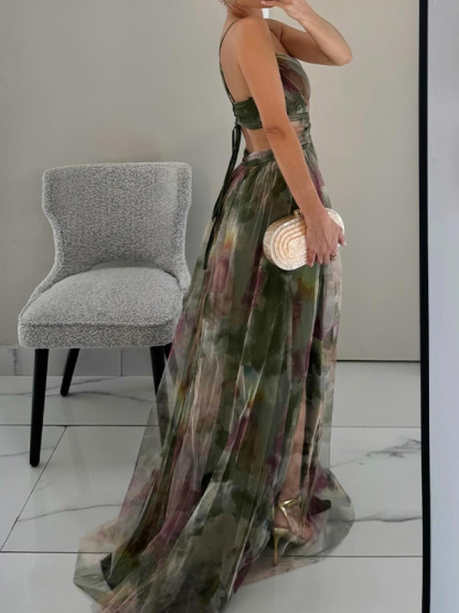 Stylish V-Neck Print Halter Dress